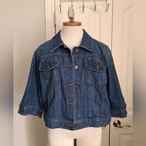 ANN TAYLOR LOFT outlet cropped blue jean jacket 3/4 Sleeves cotton blend denim L